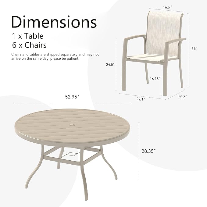 LUMISOL 7-Piece Outdoor Patio Dining Set, Patio Furniture Set with 4 Patio Stackable Dining Chairs and 40.6” Outdoor Metal Round Table, Sandstone