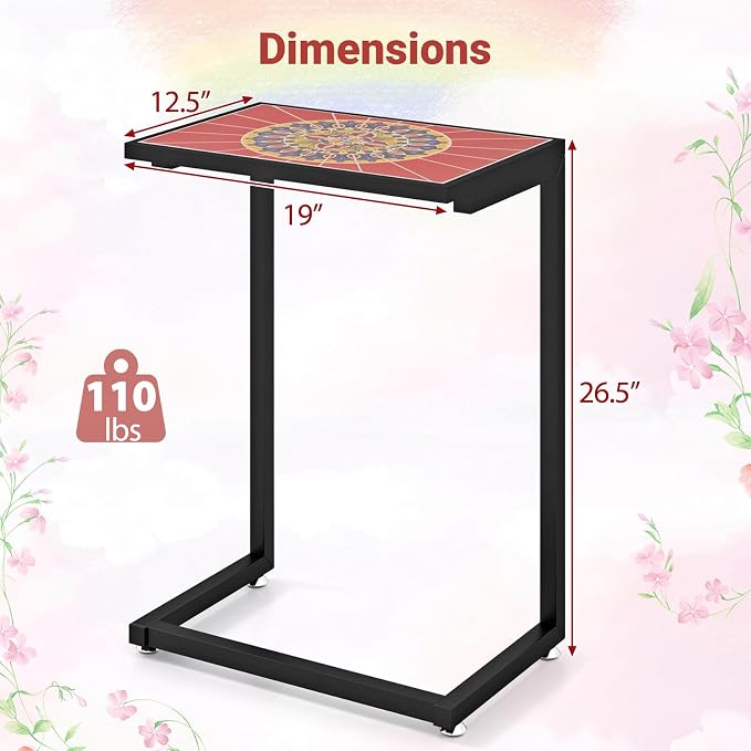 Tangkula C-Shaped Outdoor Side Table, w/Ceramic Top & Anti-Rust Metal Frame, Small Patio End Table for Couch, Sofa & Bed, Outdoor & Indoor Accent Furniture for Living Room, Poolside, Balcony (1, Red)