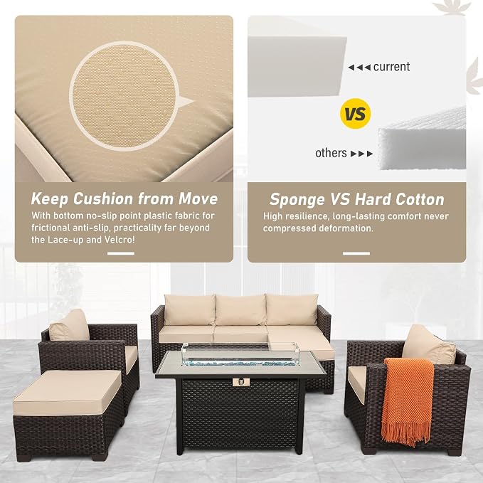 Rattan Star Patio Furniture Set 6-Piece Outdoor Furniture Set with 45'' Propane Gas Fire Pit Table Outdoor Conversation Set Wicker Sofa Set Non-Slip Cushions Waterproof Covers, Khaki