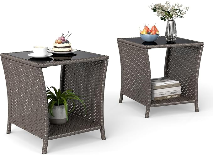 Kinfant Rattan Patio Side Table - Set of 2 Modern Wicker End Table, PE Rattan Coffee Table with Glass Top, Weather-Resistant Patio Furniture for Patio, Balcony, Garden, and Poolside (2, Sesame)