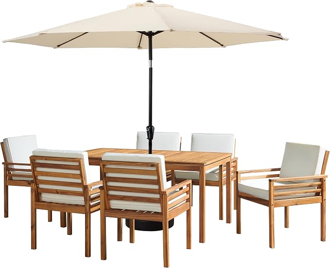Alaterre Furniture Okemo 8 Piece Outdoor Dining Set with Umbrella - Solid Acacia Wood Outdoor Furniture Set with 63” Patio Table, 6 Patio Chairs, and 10ft Tan Umbrella
