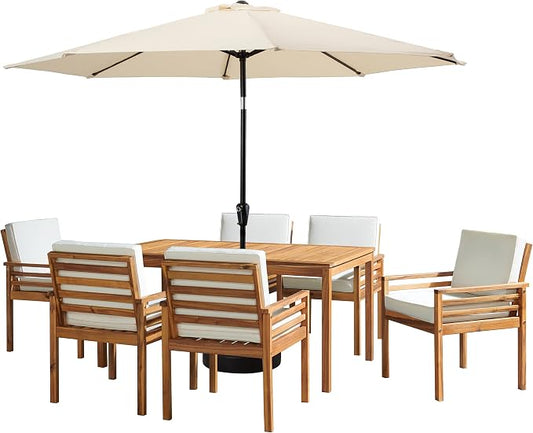 Alaterre Furniture Okemo 8 Piece Outdoor Dining Set with Umbrella - Solid Acacia Wood Outdoor Furniture Set with 63” Patio Table, 6 Patio Chairs, and 10ft Tan Umbrella