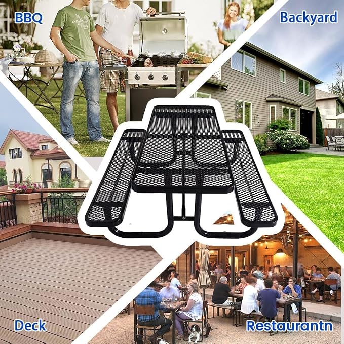 72" Rectangular Metal Picnic Table for 4-8 Person, Durable Heavy Duty Commercial Picnic Table up to 2800 lbs for Outdoor Coffee Shop, School, Hospital, Easy to Install, Black