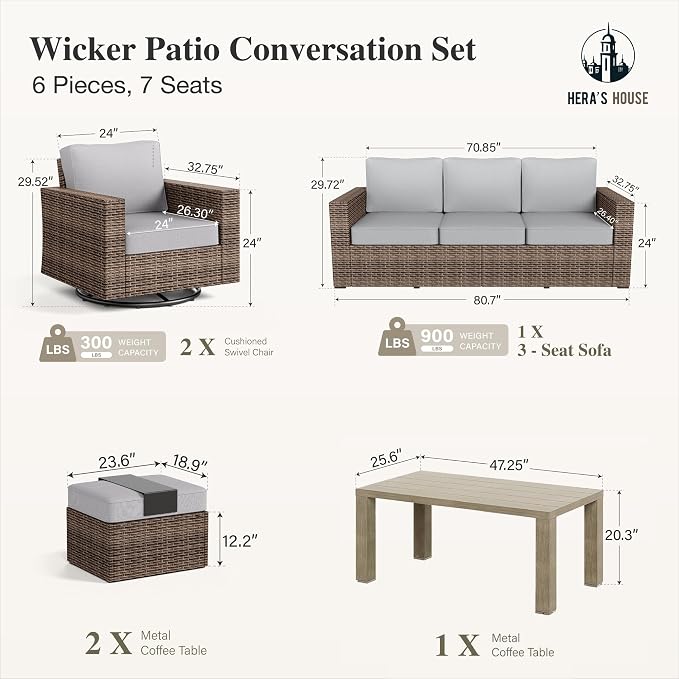 Patio Furiture Set with Swivel Glider Chairs, Outdoor Wicker Conversation Set with 5.5" Thick Cushions, 6 Pieces Deep Seating Outside Sofa Set with 4.92" Wide Armrests for Deck Lawn, Grey