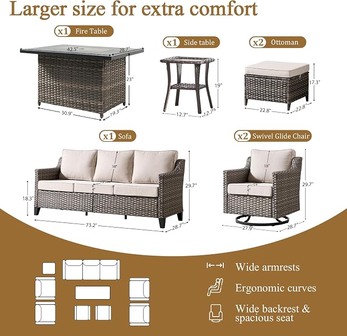 Luxury Patio Furniture Sofa Set - 7 Pieces All Weather Wicker Outdoor Couch and High Back Swivel Rocker Patio Chairs with fire Pit for Deck Yard and Poolside Gray Wicker | Beige Cushions