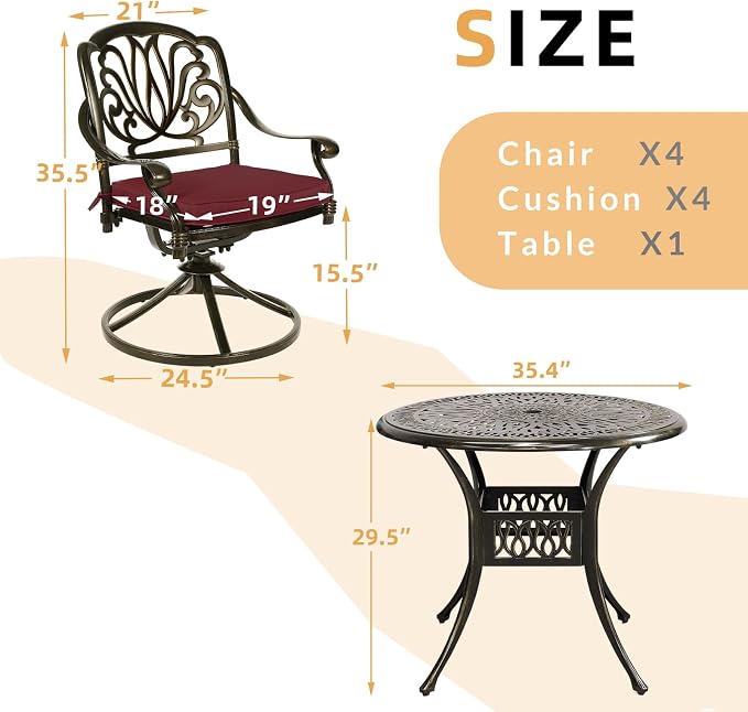 5 Piece Patio Dining Set, Outdoor Table and Chairs Set for 4 Cushioned Swivel Rocking Chairs and 35.4'' Round Table, All-Weather Cast Aluminum Patio Funiture Set, 2'' Umbrella Hole, Red