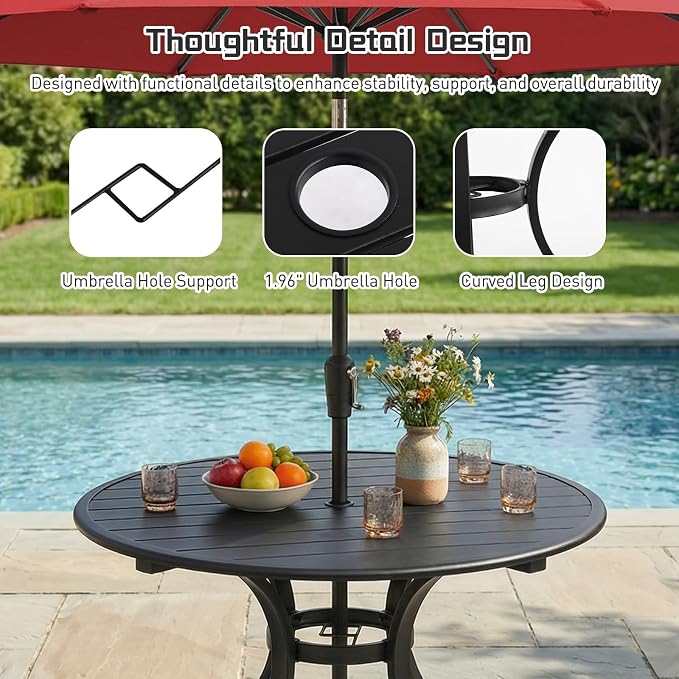 5 Piece Outdoor Patio Dining Set, 36’’ Round Dining Table with Umbrella Hole & 4pcs Metal Dining Chairs, Outdoor Furniture Dining Set for Patio, Balcony, Lawn, Garden, Backyard