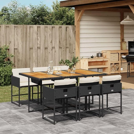 7 Piece Outdoor Patio Dining Set, PE Rattan Garden Table and 6 Foldable Chairs with Cushions, Black Weather-Resistant Backyard Furniture
