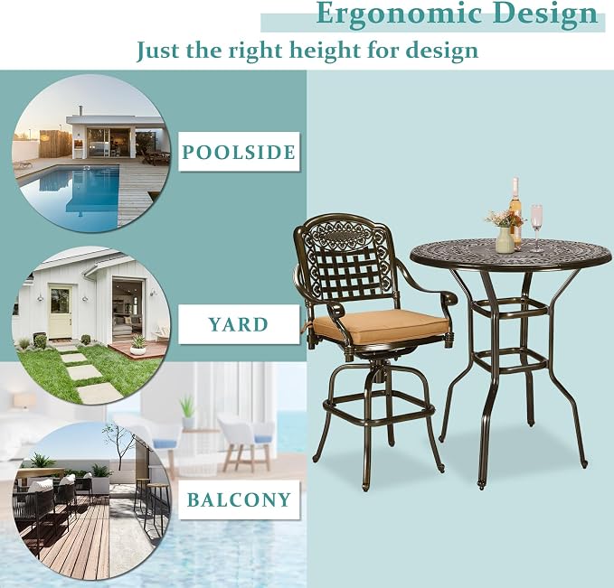 MEETWARM Patio Height Bar Table, 38.5" Bar Height Bistro Table, Outdoor Cast Aluminum Bistro Round High Top Dining Table with 2" Umbrella Hole for Garden Deck Backyard, Dark Bronze