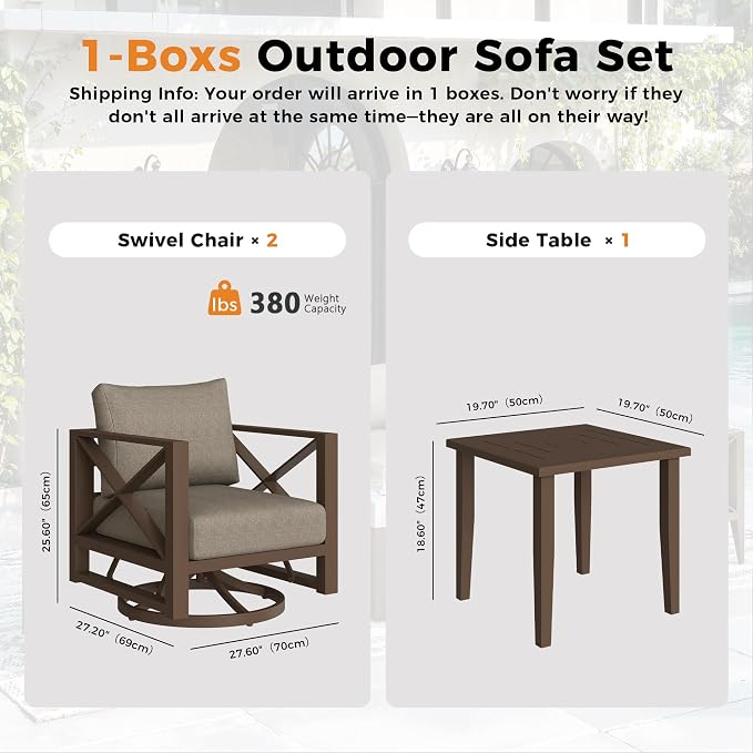 Aluminum Outdoor Patio Furniture Set with Swivel Chairs, 3-Piece Outdoor Sectional with 5.2" Thick Cushions, Patio Conversation Sets for Backyard,(Brown,2 Seats)