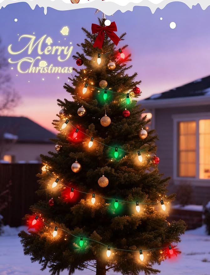 C7 Multicolor Vintage Christmas Lights, 26Ft Red White and Green Christmas Outdoor String Lights with 27 LED Bulbs, Hanging Old Fashioned Lights for Xmas Tree Patio Roofline Party Wedding Decoration