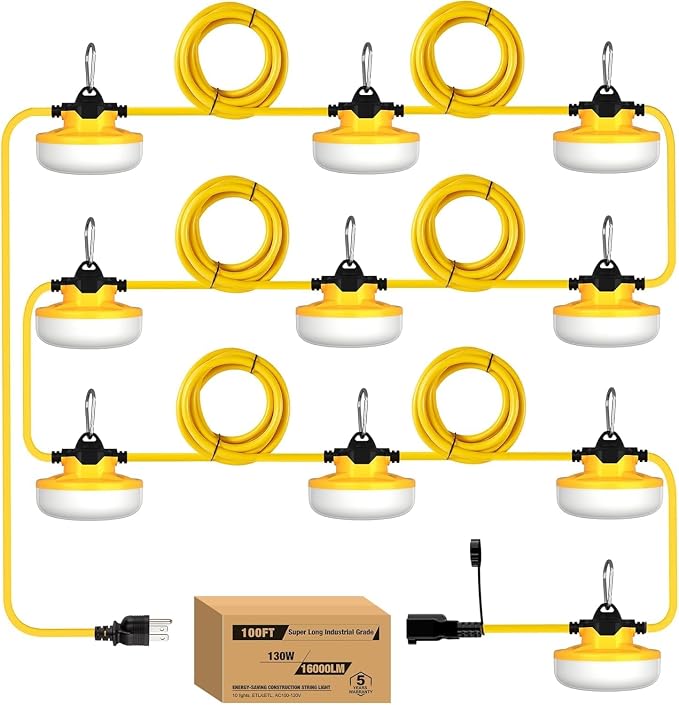 100FT Construction String Lights 3Prong Temp Lighting,130W 16000LM Industrial String Work Lights, IP65 Waterproof 18AWG Wire 5000K Super Bright for Jobsites Temporary Outdoor & Crawl Space Lighting
