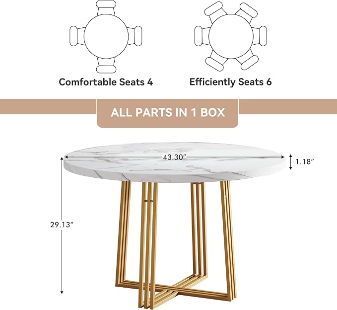 Round Dining Table for 4, 43.3-Inch Faux Marble Kitchen Table, Modern Circle Dinner Table with Metal Base for Dining Room, Kitchen, Breakfast Nook, Apartment, Small Spaces, White and Gold
