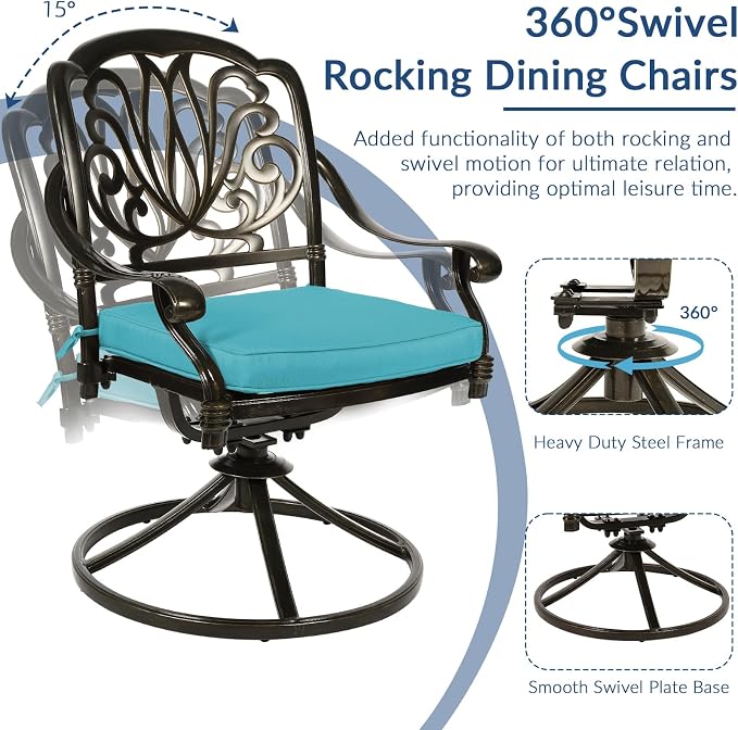 9-Piece Patio Cast Aluminum Dining Set, Outdoor Dining Furniture Set for 8, Includes 94.5" Rectangular Dining Table, 6 Stationary, 2 Swivel Dining Chairs with Umbrella Hole, Ocean Blue