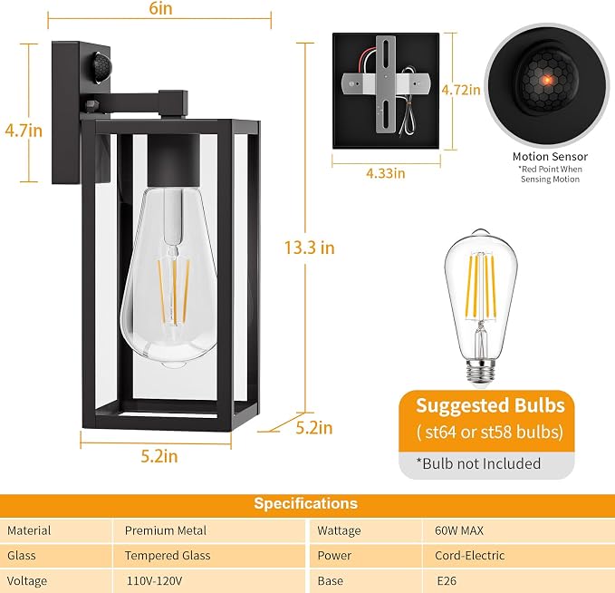 2 Pack 13‘’ Motion Sensor Outdoor Wall Light Fixture, Large Front Porch Lights for House, Exterior Wall Sconce, Black Waterproof Lantern Lamp,Outside Coach Light for Garage Entryway Yard
