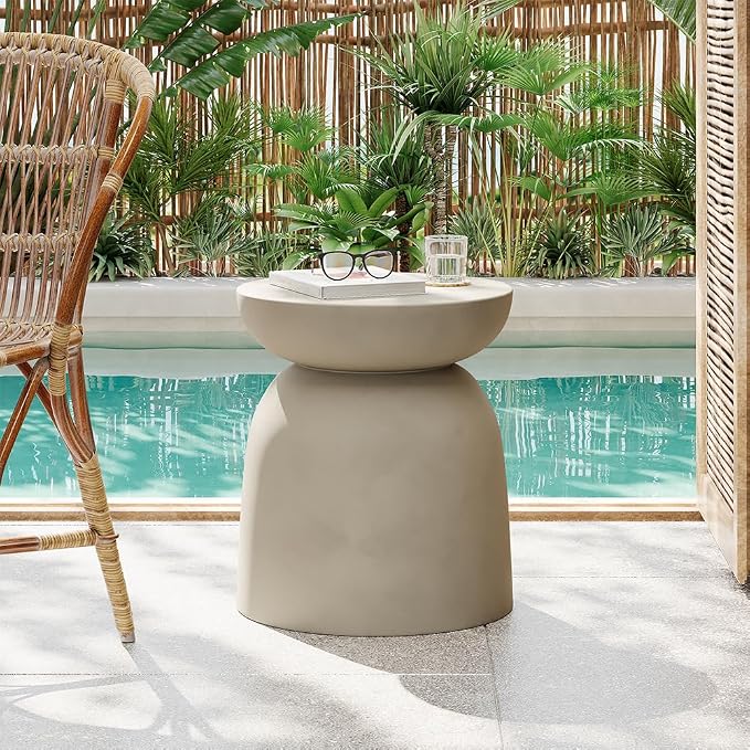 Outdoor Side Table Concrete End Table Faux Stone Side Tables Small Coffee Tables for Indoor Outdoor, Garden Stool Plant Stand for Porch, Backyard Patio, 15.75"X18" Light Grey-Round