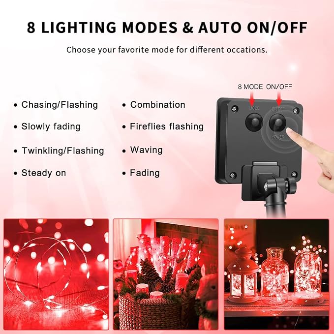 JMEXSUSS 4 Pack Solar Fairy Lights, 100 LED 33FT Red Halloween Lights | Outdoor Waterproof, 8 Modes Copper Wire Solar String Lights for Outside Patio Yard Garden Christmas Halloween Decorations