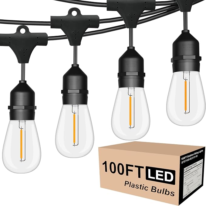 SUFEIMAS Outdoor String Lights Waterproof 100FT Commercial for Patio Market | Connectable Heavy Duty Outside Lighting IP65, 32 Dimmable Plastic Edison Bulbs For Backyard Bistro Garden Porch Fence Balcony