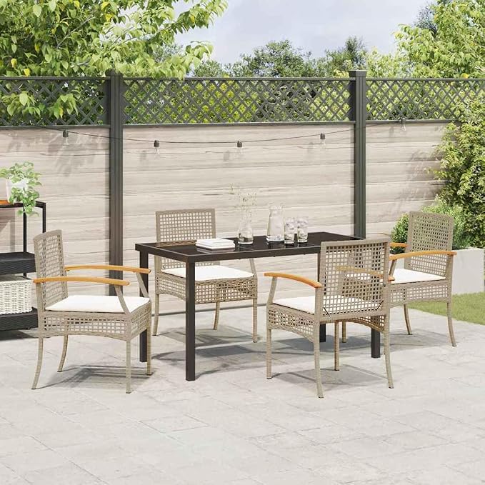 7-Piece Outdoor Dining Set, Garden Rattan Table with 6 Armchairs, Patio Furniture with Comfortable Cushions for Backyard, Deck, and Dining Area, Beige and Black