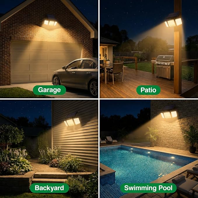 Solar Outdoor Lights Motion Sensor, 2500LM 286 LED Security Flood Lights with Visual Battery & Mode Display, 3 Lighting Modes, IP65 Waterproof 3-Head Wide Angle for Garage, Yard, Patio (4P Warm White)