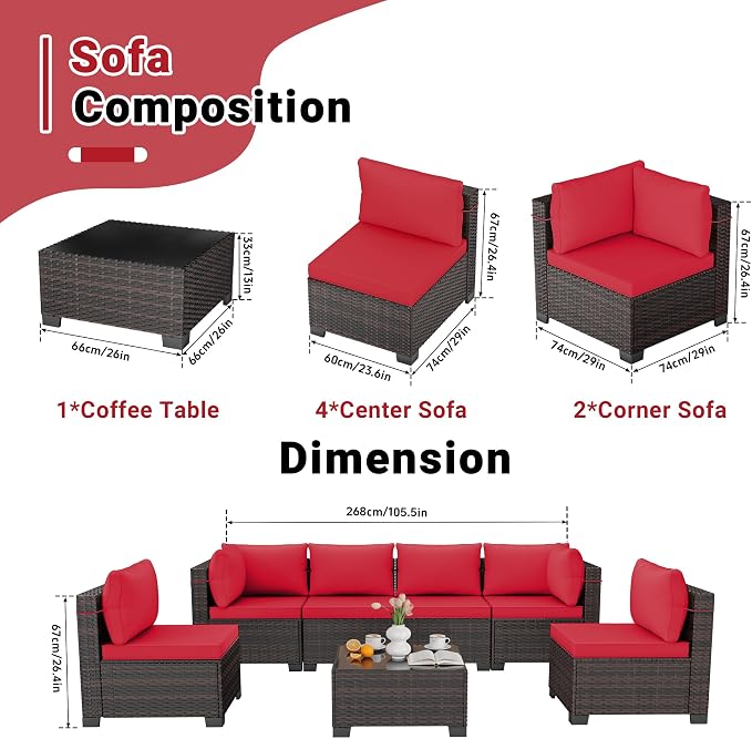 LAFWLL 7 Pieces Outdoor Patio Furniture Sets,Rattan Conversation Sectional Set,Manual Weaving Wicker Patio Sofa with Tea Table