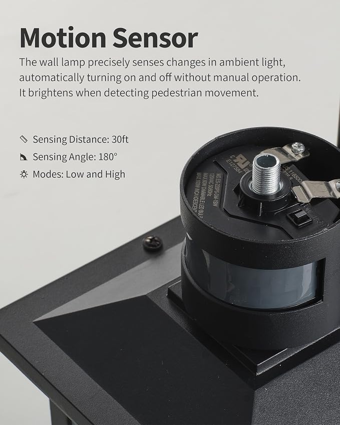 KDG Black Outdoor Motion Sensor Modern Patio Wall Light Fixtures Set of 2 | E26 Socket Waterproof Lanterns & Sconce with Tempered Glass, Modern Wall Mounted Lamps for Home, Front Door, Garage, Porch