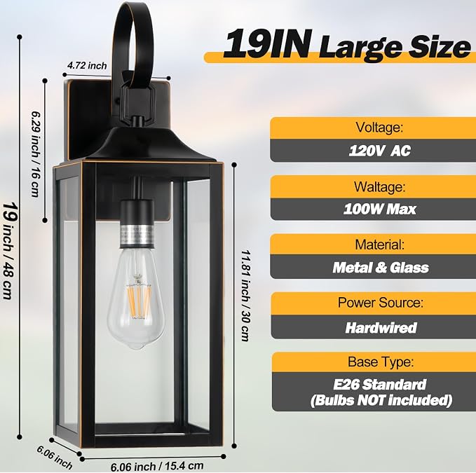 19" Large Outdoor Wall Lights Black with Gold Trim 2 Pack | Black Exterior Light Fixtures, Modern Wall Sconces, Waterproof Porch Lights Outdoor Lighting for House Garage Entryway