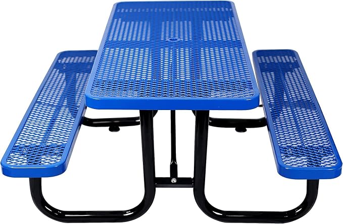 Heavy Duty Picnic Table for Outdoor 1400 lbs Load All Metal Camping Table with Umbrella Hole up to 1.5", Rectangle Dining Table for Commercial Picnic Table with Benches, Blue