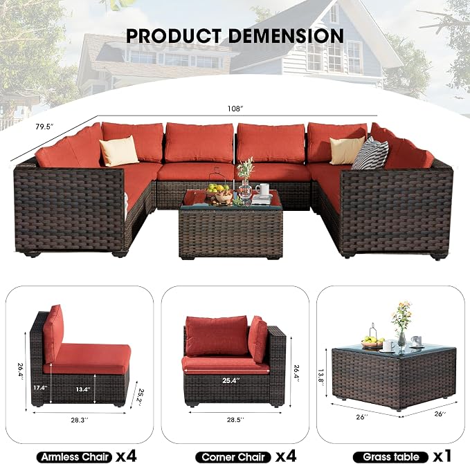 9 Piece Patio Furniture Set All Weather PE Rattan Outdoor Sectional Sofa Couch with No-Slip Cushions and Glass Top Table for Garden, Poolside, Backyard (Red)