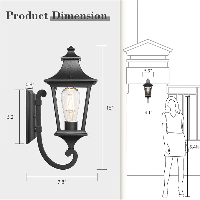 Emliviar Modern Outdoor Porch Light, 1-Light Exterior Wall Sconce with Clear Glass Shade, Black Finish, XE292UB BK