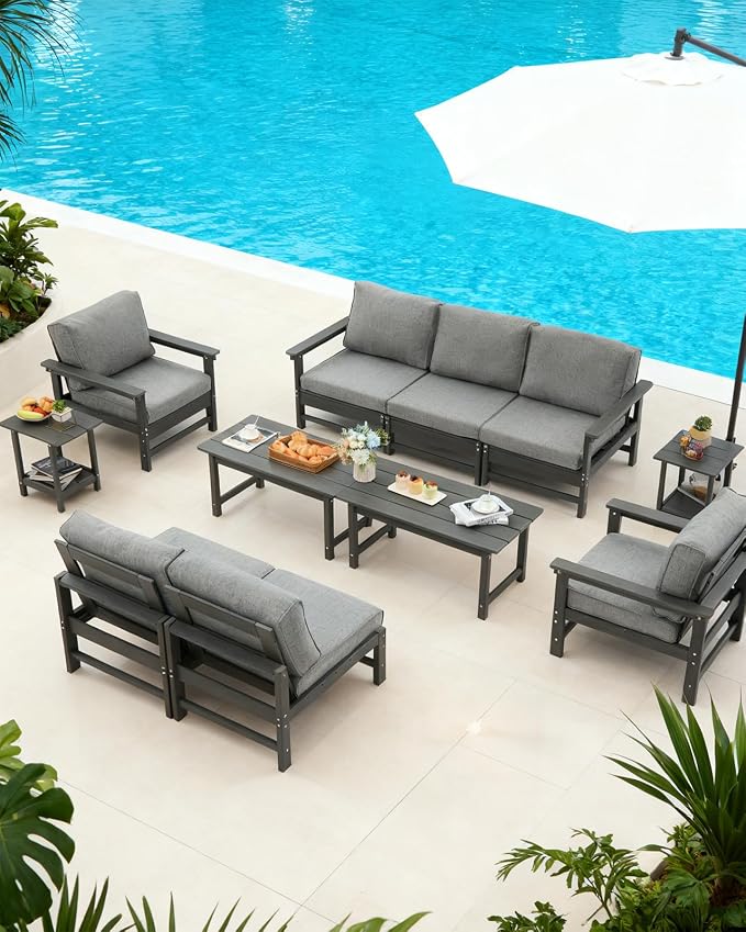 HDPE Outdoor Patio Furniture Set with Cushions, 10 Piece Patio Conversation Set Sofa Set,All Weather Outdoor Couch Set with Coffee Table for Lawn, Garden, Deck