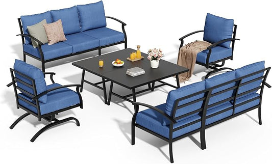 Metal Patio Furniture Set,6 Pieces 8 Seats Patio Sectional Outdoor Furniture Set with 2 Rectangular Coffee Tables,Patio Conversation Sets with 5.1" Thickened Cushions,Navy Blue