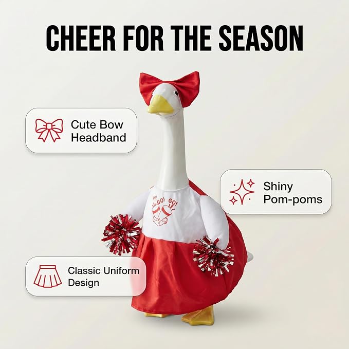 Cheerleader Porch Goose Outfits, Red Goose Outfit with Pom Poms & Bow for 23 Inch Goose Statue, Festive Goose Costume for Garden Porch Yard Lawn Patio Decor
