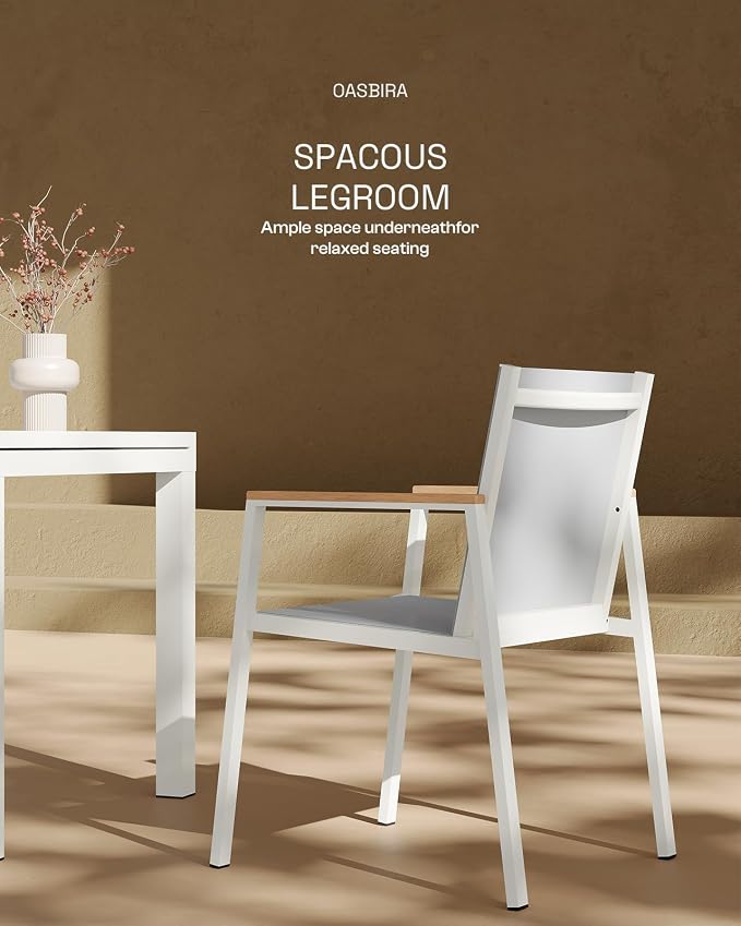 Outdoor Aluminum Patio Dining Table Set for 6 Person, Expandable Outdoor Table and 6 Chairs with Textilene Fabric & HDPS Armrest, All-Weather Patio Furniture Set for Yard, Garden, White