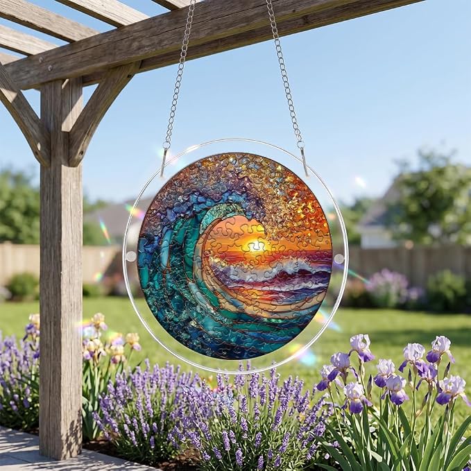 Acrylic Puzzle Suncatcher, Ocean and Sun Stained Glass Window Hanging, Sun Catcher Puzzle Kit Home Garden Decor, Creative Mothers Day and Birthdays Gifts for Mom, Wife, Sisters, 7.87 inch