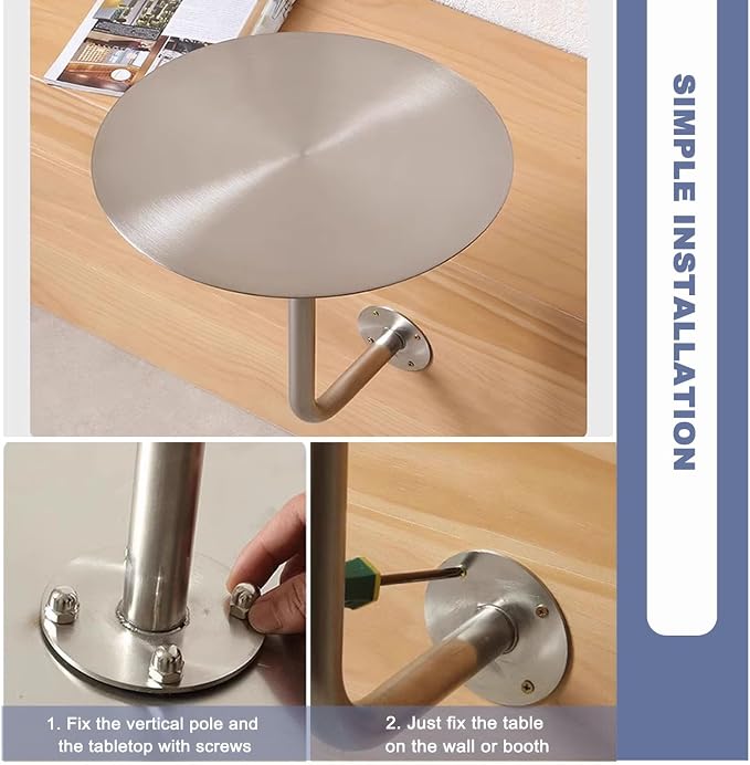 Silver Stainless Steel Bistro Pub Table - 35x35x45cm Wall-Mount Cocktail Table for Indoor/Outdoor Dining - Modern L-Shaped Bar Table, Perfect for Home & Patio