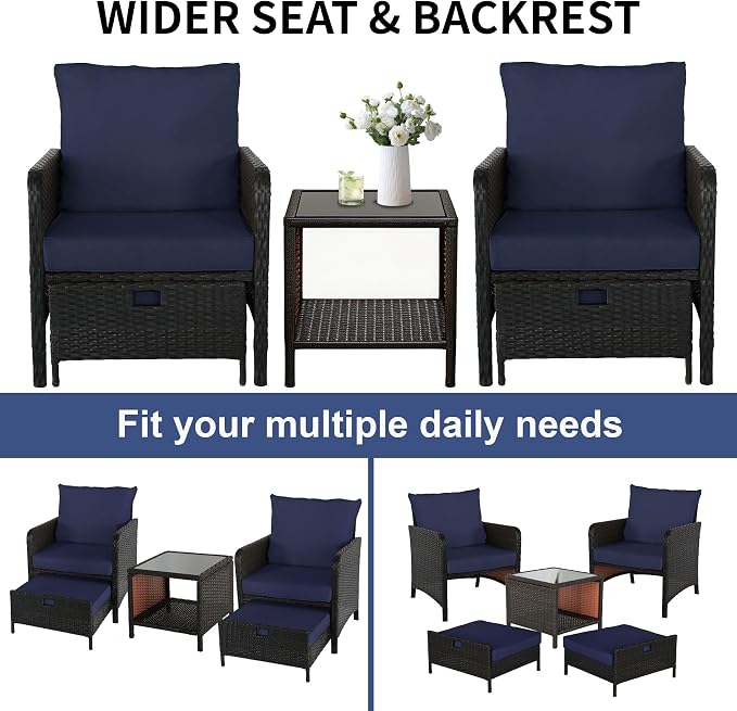 5 Piece PE Wicker Patio Furniture Set, Outdoor Conversation Chairs with Pull Out Hidden Ottoman, Soft Cushions & Glass Coffee Table, Wicker Bistro Set for Porch, Garden, Balcony, Poolside (Blue)