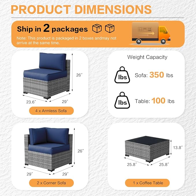 MOCHITO 7 Pcs Outdoor Patio Furniture Sets Grey Rattan Blue Cushions | All-Weather Sectional Sofa, with Glass Table, PE Rattan Wicker Patio Furniture , Washable Cushions, for Balcony Porch Garden