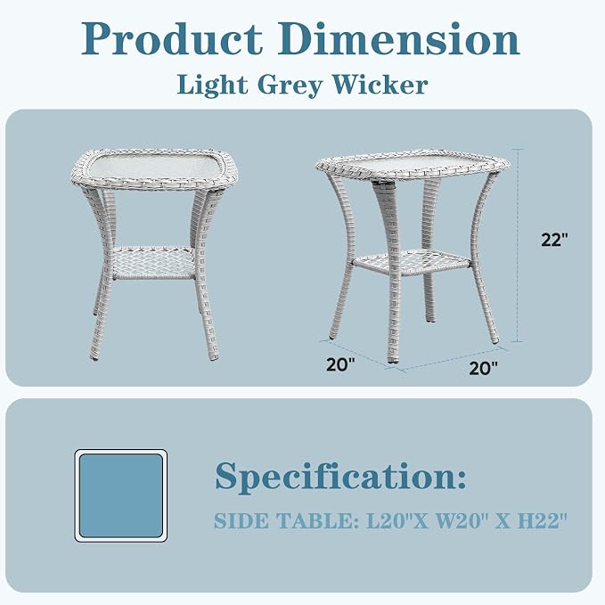 Small Outdoor Side Table - 50 LBS Weight Capacity Wicker Side Table with Storage, Tempered Glass Top Patio Side Table for Porch Balcony Deck Garden - Light Grey