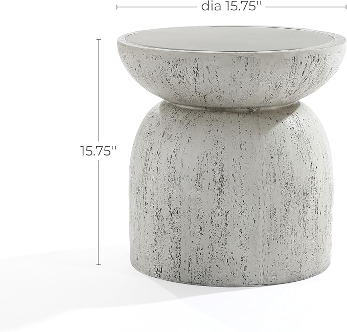 LuxenHome 16" Outdoor Side Table, MgO Rustic End Tables for Patio,Off White and Gray Weathered Round Table, Small Accent Table for Indoor Outdoor Use, Decorative Garden Stool