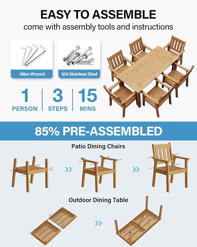 YEFU Outdoor Dining Table for 6: All Weather Rectangular Patio Table with Umbrella Hole and Aluminum Frame - Outdoor Furniture for Outside Backyard/Garden/Pool/Porch/Deck, 300lbs Capacity, Teak