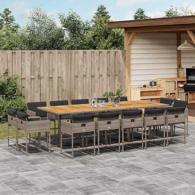 15 Piece Outdoor Patio Dining Set, Foldable PE Rattan Chairs and Acacia Wood Table for Garden Backyard Deck Dining