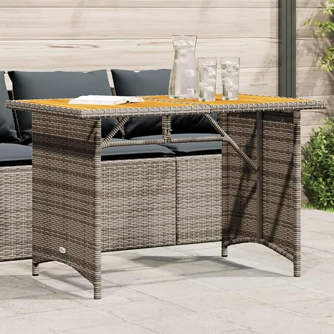 Modern Outdoor Dining Table with Grey PE Rattan Top and Solid Acacia Wood Frame on Powder Coated Steel Base for Patio Garden, 43.3 Inch Long 26.8 Inch Wide