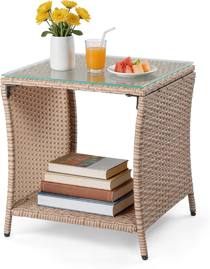 VINGLI Outdoor Wicker Side Table Patio Side Tables for Outside, Tempered Glass Top Wicker Table with Storage End Table for Balcony Porch Deck (Natural)