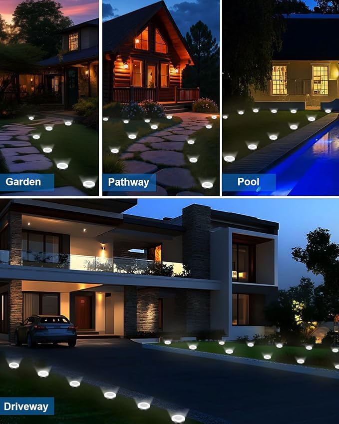 Solar Lights Outdoor Waterproof, 26 Pack 8 LED, Thickened Stainless Steel Ground Light, Solar Garden Lights Landscape Lighting for Patio Pathway Lawn Yard Deck Driveway Walkway, Cool White