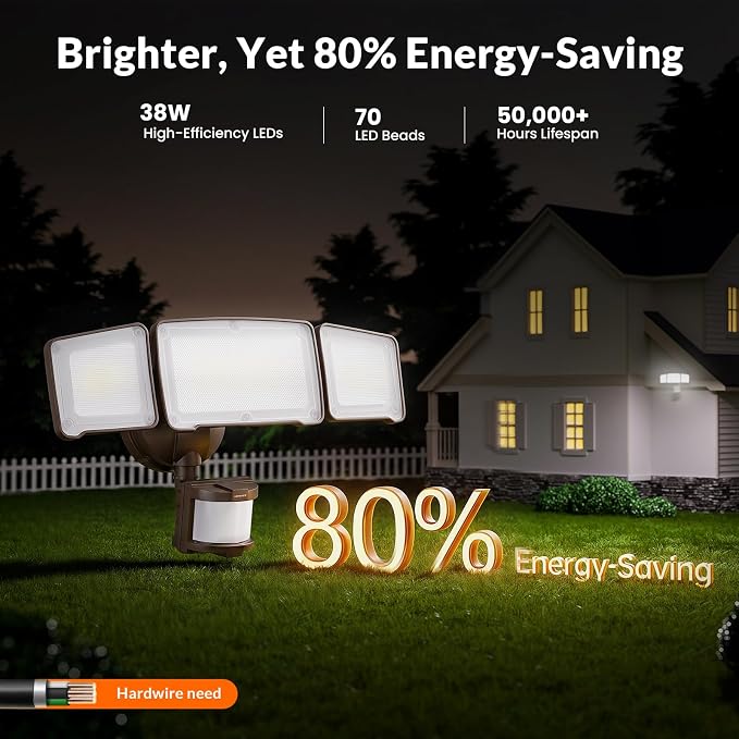LEPOWER LED Security Light Motion Sensor Outdoor Lights, Bright 38W 4200LM | 72 FT Range, IP65, Easy to Install, 180° Motion Sensor, 5500K, 3 Head Detected Waterproof Flood Light for Garage, Yard, Porch