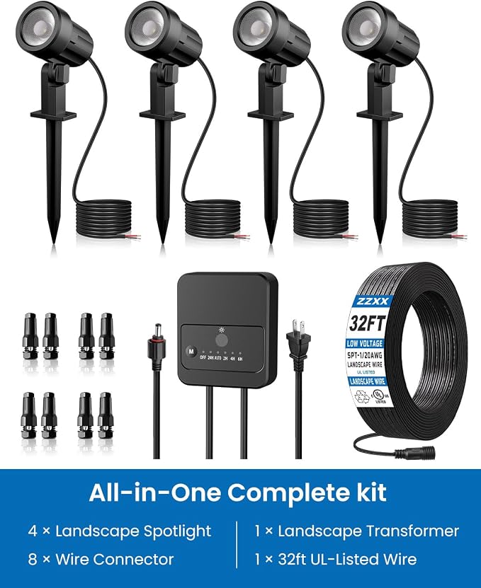 All-in-One Low Voltage Landscape Lighting Kit, 4-Pack, Warm White | LED Landscape Lights with Transformer 32FT Wire and Connectors, 2700K Waterproof Garden Spot Lights for Yard House Tree