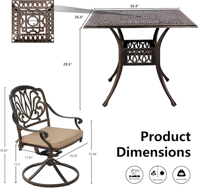 Grepatio 5 Piece Cast Aluminum Patio Dining Set, Outdoor Furniture Set with 4 Swivel Rocker Ding Chairs, 4 Cushions and 35.4" Square Patio Table with 2.4" Umbrella Hole, Antique Bronze (Khaki)
