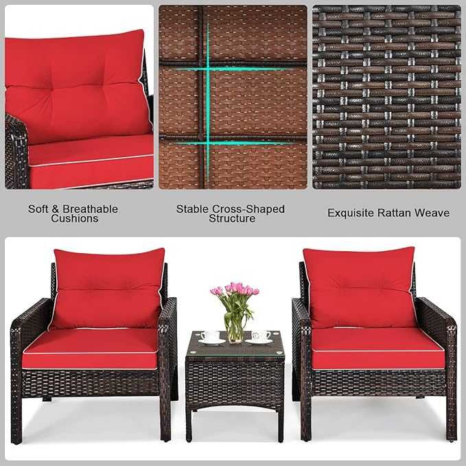 DORTALA Small Patio Furniture Set 3 Piece, Wicker Outdoor Table and Chairs Set with Cushions, All Weather Rattan Conversation Bistro Set for Balcony, Porch, Backyard, Deck, Red