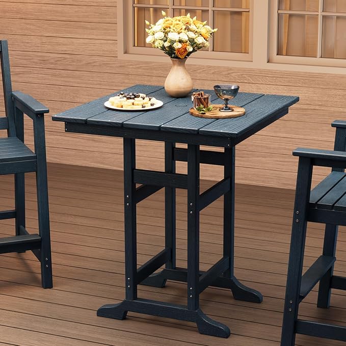 Takywep 31.5" Square HDPE Wood Grain Outdoor Bar Table, 39.6" High Weatherproof Pub Table for Patio and Poolside, Tall Bistro Table with 300 Lb Weight Capacity and Umbrella Hole, Navy Blue
